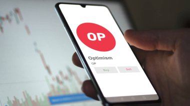Değiş tokuş ekranındaki OP iyimserlik logosuna yaklaş. Optimizm fiyat hisseleri, bir aygıt için OP $.