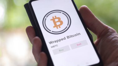 Bir değiş tokuş ekranında Bitcoin paketlenmiş WBTC logosuna yaklaş. WBTC Bitcoin fiyat hisseleri, bir aygıt üzerinde $WBTC.