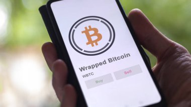 Close up on logo of WBTC Wrapped Bitcoin on the screen of an exchange. WBTC Wrapped Bitcoin price stocks, $WBTC on a device. clipart