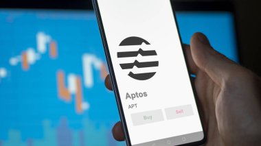 Takas ekranındaki APT Aptos logosuna yaklaş. APT Aptos hisse senetleri, bir aygıt için APT $.