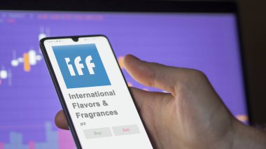 April 09th 2024 , New York City, New York. Close up on logo of International Flavors & Fragrances on the screen of an exchange. International Flavors & Fragrances price stocks, $IFF on a device. clipart