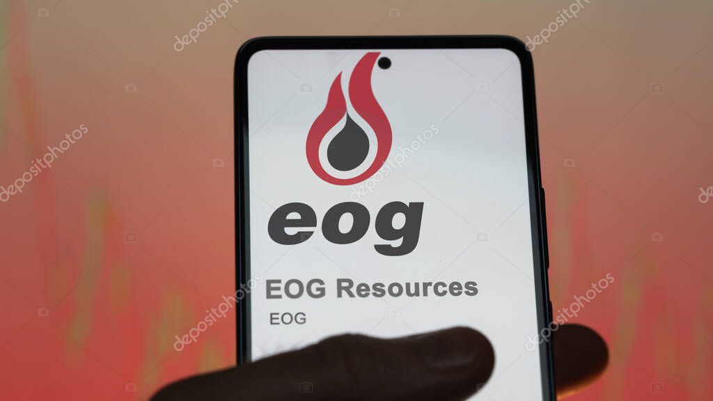 April 09th 2024 , Houston, Texas. Close up on logo of EOG Resources on the screen of an exchange. EOG Resources price stocks, $EOG on a device.