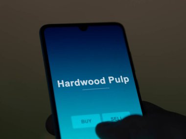Bir yatırımcı ekrandaki ahşap hamurlu etf fonunu analiz ediyor. Hardwood Pulp 'un fiyatlarını gösteren bir telefon.