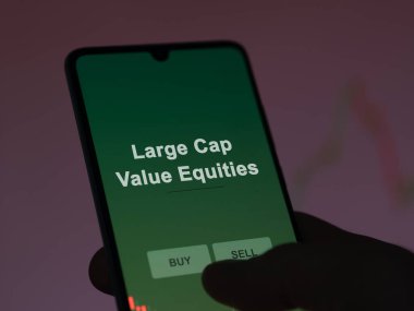 Ekrandaki büyük sermaye değerlerini analiz eden bir yatırımcı. Bir telefon Büyük Cap Değer Özelliklerinin fiyatlarını gösterir