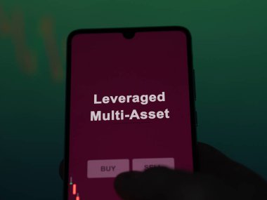 An investor analyzing the leveraged multi-asset etf fund on a screen. A phone shows the prices of Leveraged Multi-Asset clipart