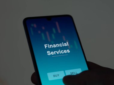 Ekranda finansal hizmetler fonunu analiz eden bir yatırımcı. Finansal Hizmetlerin fiyatlarını gösteren bir telefon