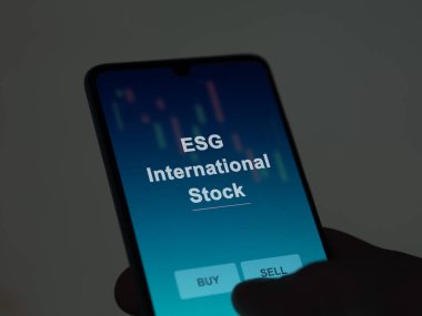 Bir yatırımcı ekranda EG uluslararası hisse senedi fonunu analiz ediyor. ESG International Stock 'un fiyatlarını gösteren bir telefon