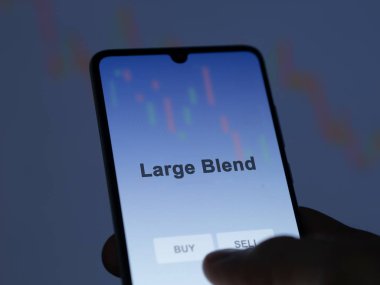 Ekrandaki büyük harmanlanmış etf fonunu analiz eden bir yatırımcı. Bir telefon Large Harmanının fiyatlarını gösterir