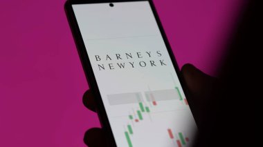 Bir yatırımcı ekranda Barney 'in New York ETF fonunu analiz ediyor. Barneys New York 'un fiyatlarını gösteren bir telefon.