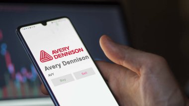 Glendale, Kaliforniya. Avery Dennison 'ın logosuna yakın çekim yap. Avery Dennison hisse senetleri, bir cihaza AVY $.