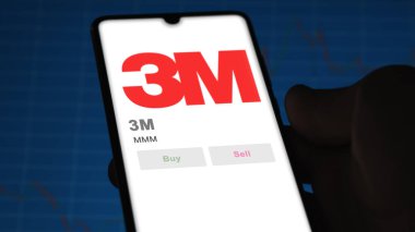 Aziz Paul, Minnesota. Takas ekranındaki 3M logosuna yaklaş. 3 milyon dolarlık hisse senedi, bir cihazda $MMM.