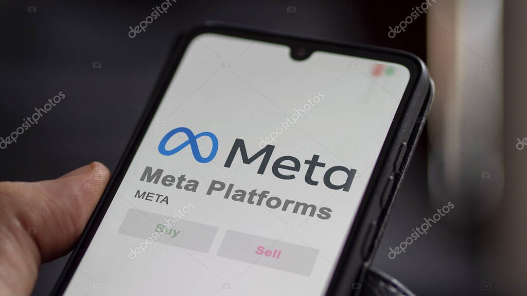 Menlo Park, California. Close up on logo of Meta Platforms on the screen of an exchange. Meta Platforms price stocks, $META on a device.