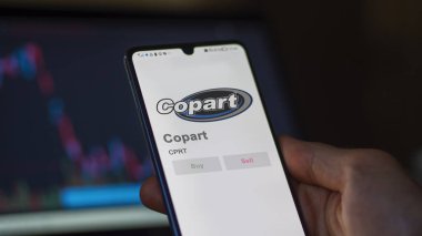 Dallas, Teksas. Takas ekranındaki Copart logosuna yaklaş. Copart hisse senetleri, bir cihazda CPRT $.