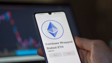 Bir değiş tokuş ekranında CBETH Sikke Paketli ETH şifreli varlığının logosuna yaklaş. CBETH Sikke Bazlı Paketlenmiş ETH Fiyat hisseleri, Bir aygıta CBETH $.