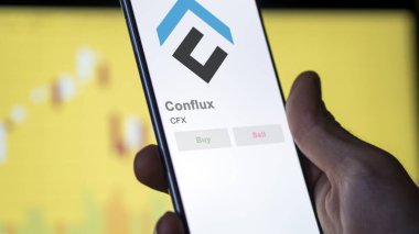 Bir takas ekranındaki CFX Conflux şifreleme varlığının logosuna yaklaş. CFX Fiyat hisseleri, bir aygıt üzerinde $CFX.