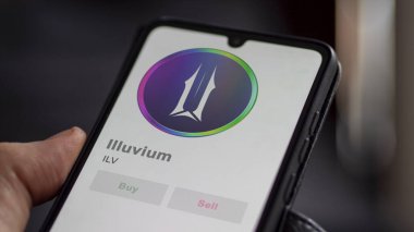 Bir değiş tokuş ekranındaki ILV Illuvium şifreleme varlığının logosuna yaklaş. ILV Illuvium hisse senetleri, bir aygıt için ILV $.