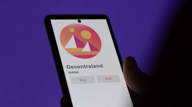 Bir değiş tokuş ekranındaki MANA demertraland crypto varlığının logosuna yaklaş. MANA ademi merkeziyet ve fiyat hisseleri, bir cihazda $MANA.