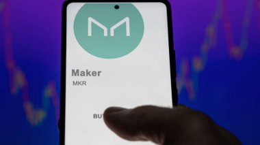 Değiş tokuş ekranındaki MKR Maker şifreleme varlığının logosunu kapat. MKR Yapıcı fiyat hisseleri, bir aygıt üzerinde $MKR.