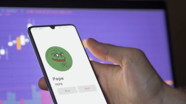 Pepe Pepe şifreleme varlığının logosunu bir değiş tokuş ekranında kapat. PEPE Pepe hisse senetleri, bir cihazda PEPE $.