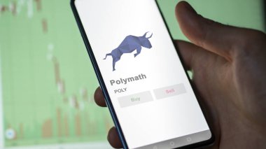 Bir değiş tokuş ekranındaki POLY Polymath kripto varlığının logosuna yaklaş. POLY Polymath fiyat hisseleri, bir aygıt üzerinde POLY $.