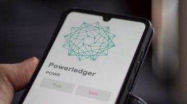 Bir değiş tokuş ekranındaki POWR Powerledger şifreleme varlığının logosunu kapat. POWR PowerLedger hisse senetleri, bir cihaza POWR $.