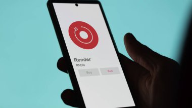 Bir değiş tokuş ekranında RNDR Render şifreleme varlığının logosuna yaklaş. RNDR Render hisse senetleri, RNDR $bir aygıt üzerinde.
