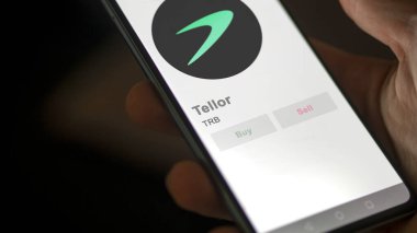 Takas ekranındaki TRB Tellor şifreleme varlığının logosunu kapat. TRB Tellor fiyat hisseleri, bir aygıt üzerinde TRB $.