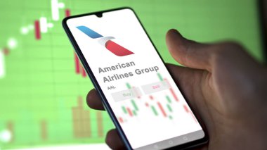 Fort Worth, Teksas. Amerikan Hava Yolları Grubu 'nun logosuna bir değiş tokuş ekranında yaklaş. American Airlines Group hisse senetleri, bir cihazda AAL $.
