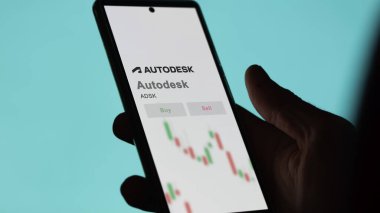 San Francisco, Kaliforniya. Değiş tokuş ekranındaki Autodesk logosuna yaklaş. Otomatik masabaşı hisse senetleri, bir aygıtta ADSK $.