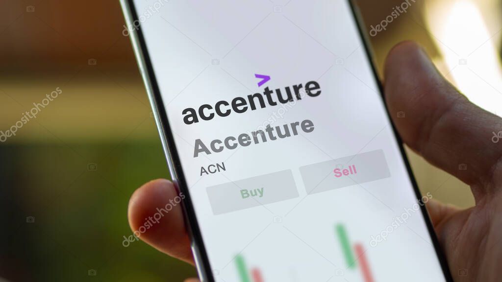Dublin, Ireland. Close up on logo of Accenture on the screen of an exchange. Accenture price stocks, $ACN on a device.