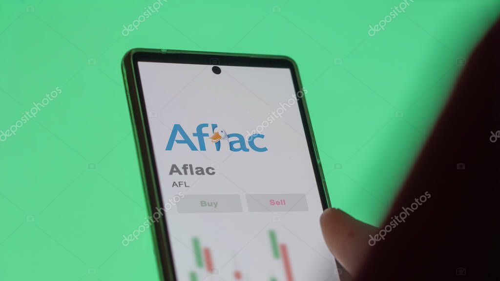 Columbus, Georgia. Close up on logo of Aflac on the screen of an exchange. Aflac price stocks, $AFL on a device.