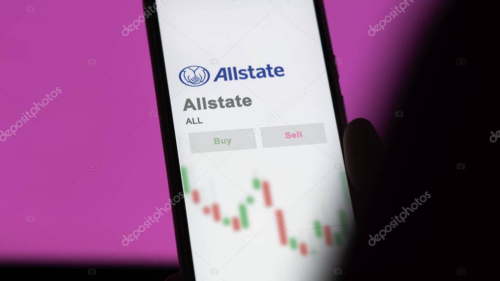 Glenview, Illinois. Close up on logo of Allstate on the screen of an exchange. Allstate price stocks, $ALL on a device.