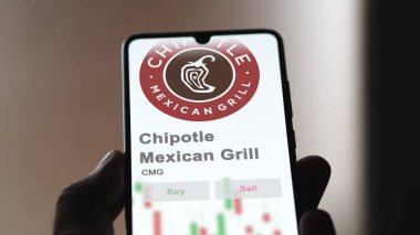 Newport Sahili, Kaliforniya. Bir değiş tokuş ekranındaki Meksika usulü ızgaranın logosuna yaklaş. Meksika usulü Chipotle Grill hisse senetleri, bir cihaza CMG $.