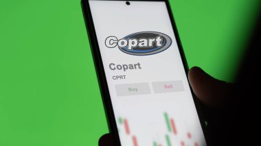 Dallas, Teksas. Takas ekranındaki Copart logosuna yaklaş. Copart hisse senetleri, bir cihazda CPRT $.