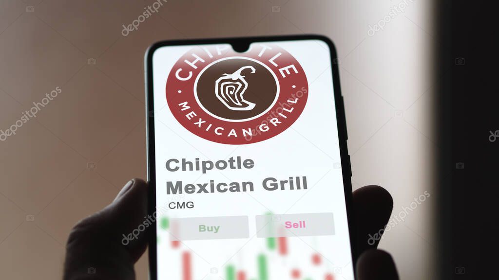 Newport Beach, California. Close up on logo of Chipotle Mexican Grill on the screen of an exchange. Chipotle Mexican Grill price stocks, $CMG on a device.