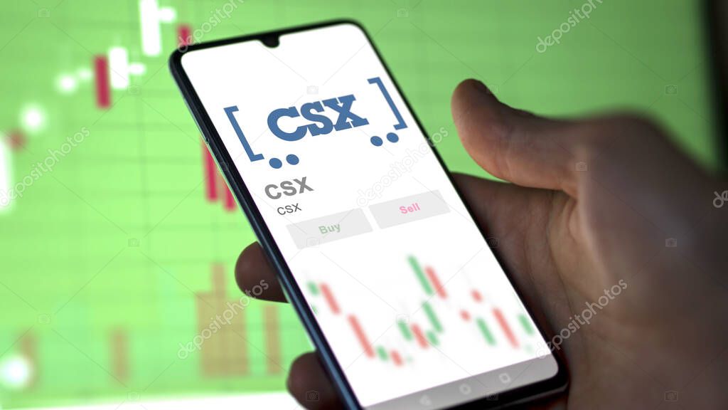 Jacksonville, Florida. Close up on logo of CSX on the screen of an exchange. CSX price stocks, $CSX on a device.