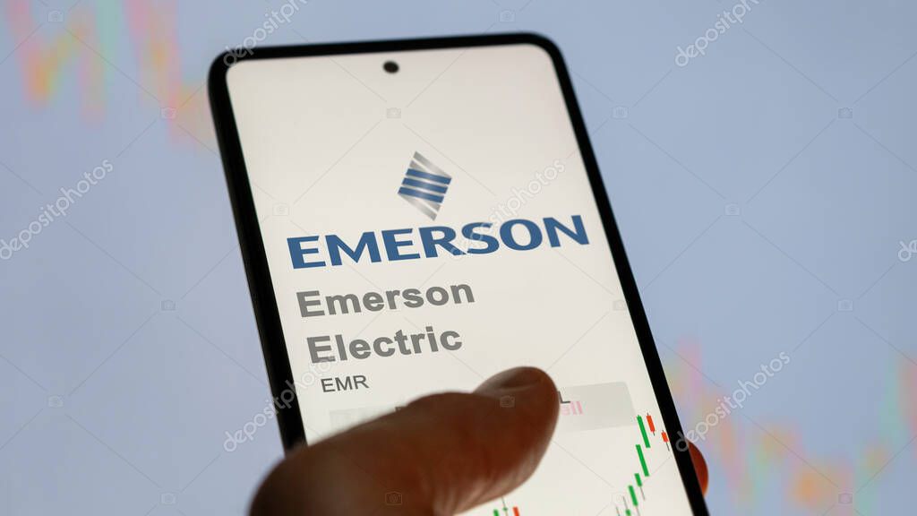 Ferguson, Missouri. Close up on logo of Emerson Electric on the screen of an exchange. Emerson Electric price stocks, $EMR on a device.