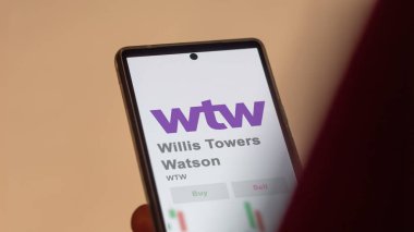Londra, Birleşik Krallık. Bir değiş tokuş ekranındaki Willis Kuleleri 'nin logosuna yaklaş Watson. Willis Kuleleri Watson hisse senetleri, WTW $bir aygıt.