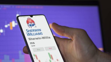 Cleveland, Ohio 'da. Bir değiş tokuş ekranında Sherwin-Williams 'ın logosuna yaklaş. Sherwin-Williams hisse senetleri, cihaz başına $ShW..