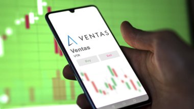 Chicago, Illinois. Bir değiş tokuş ekranındaki Ventas logosuna yaklaş. Ventas hisse senetleri, bir cihazda VTR $.