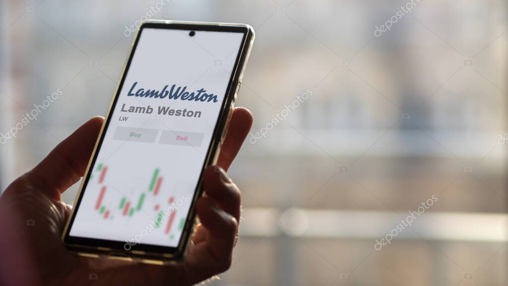 Eagle, Idaho. Close up on logo of Lamb Weston on the screen of an exchange. Lamb Weston price stocks, $LW on a device.