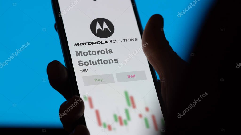 Chicago, Illinois. Close up on logo of Motorola Solutions on the screen of an exchange. Motorola Solutions price stocks, $MSI on a device.