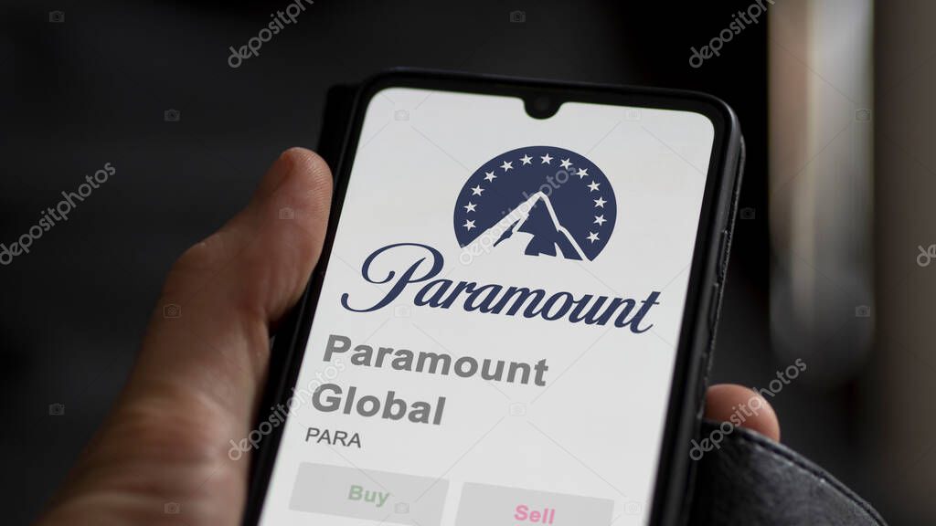 New York City, New York. Close up on logo of Paramount Global on the screen of an exchange. Paramount Global price stocks, $PARA on a device.