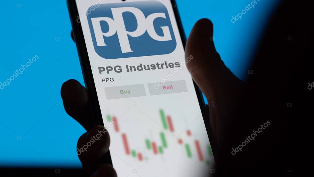 Pittsburgh, Pennsylvania. Close up on logo of PPG Industries on the screen of an exchange. PPG Industries price stocks, $PPG on a device.