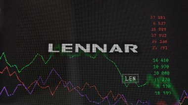 09 Nisan 2024, Miami, Florida. Bir değiş tokuş ekranında Lennar 'ın logosuna yaklaş. Lennar hisse senetleri, bir cihaz için LEN $.