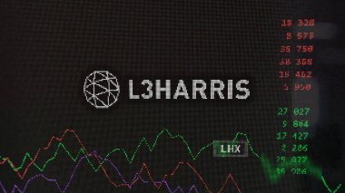 09 Nisan 2024, Melbourne, Florida. Bir değiş tokuş ekranındaki L3Harris logosuna yaklaş. L3Harris hisse senetleri, bir cihaza LHX $.