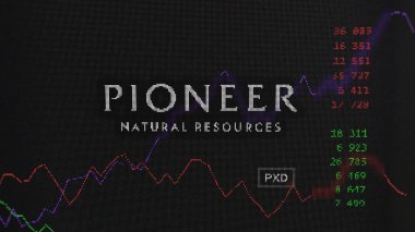 09 Nisan 2024, Irving, Teksas. Bir değiş tokuş ekranındaki Pioneer Doğal Kaynaklar logosuna yaklaş. Öncü Doğal Kaynaklar hisse senetleri, bir aygıt üzerinde PXD $.