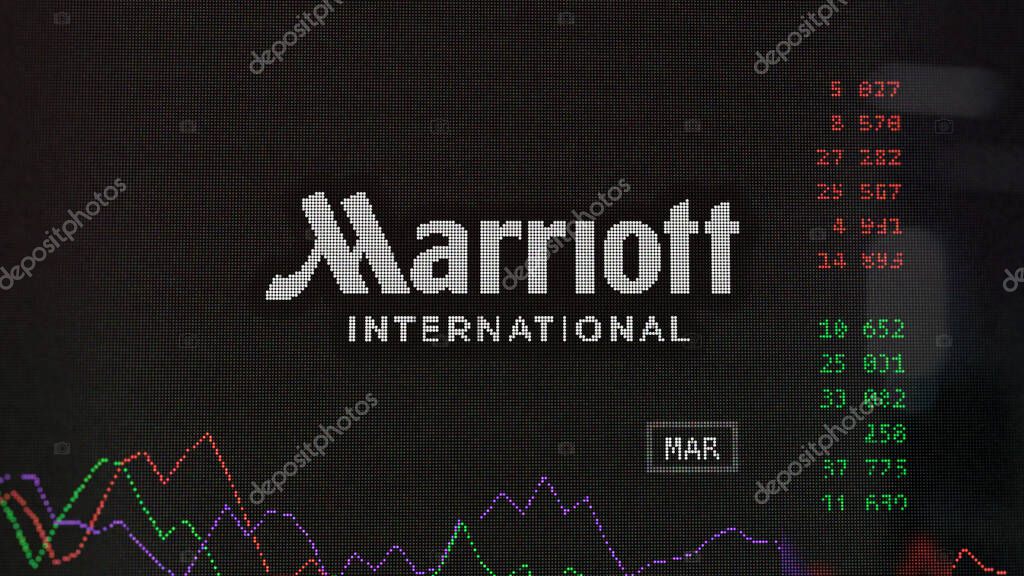 April 09th 2024 , Bethesda, Maryland. Close up on logo of Marriott International on the screen of an exchange. Marriott International price stocks, $MAR on a device.