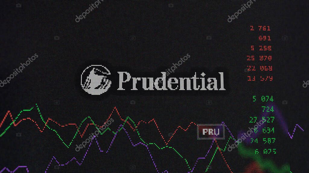 April 09th 2024 , Newark, New Jersey. Close up on logo of Prudential Financial on the screen of an exchange. Prudential Financial price stocks, $PRU on a device.