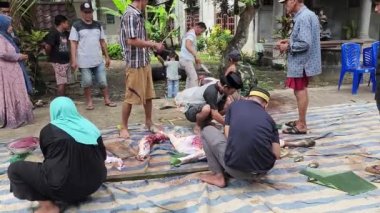 Pinrang Endonezya, 29 Haziran 2023: Kurban ineği, Kurban Kurban Bayramı, Kurban Bayramı sabahları Pinrang 'da yapılan Kurban namazından sonra qurban ineklerini kesme süreci. Asya - Endonezya